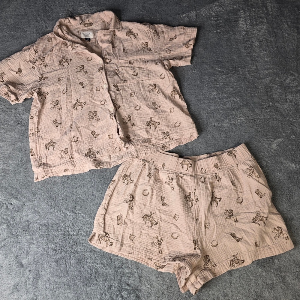 American Eagle Womens Large Pajama Set Pink Western Cowboy Cotton Gauze 2 Piece